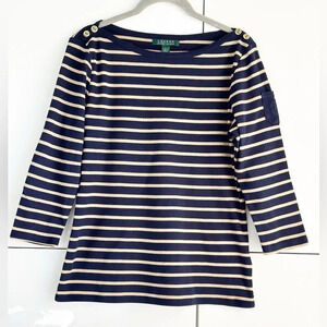 Ralph Lauren Boat Neck Button Shirt Navy Gold Striped Metallic Size Large